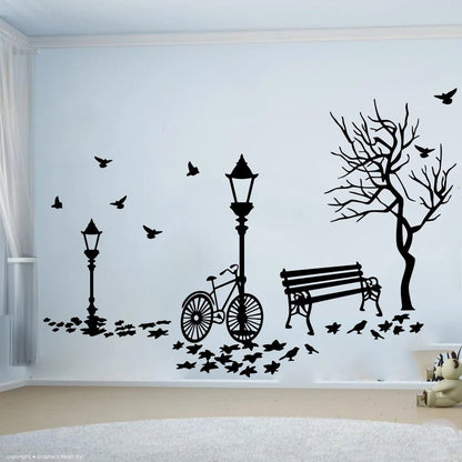 Modern Autumn Landscape Bike Tree Street Lamp Wall Sticker Kids Room Bedroom Leaf Seat Bird Nature Wall Decal Playroom Vinyl De - Smoothy Home