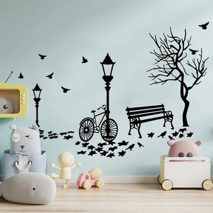 Modern Autumn Landscape Bike Tree Street Lamp Wall Sticker Kids Room Bedroom Leaf Seat Bird Nature Wall Decal Playroom Vinyl De - Smoothy Home