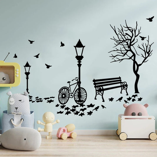 Modern Autumn Landscape Bike Tree Street Lamp Wall Sticker Kids Room Bedroom Leaf Seat Bird Nature Wall Decal Playroom Vinyl De - Smoothy Home