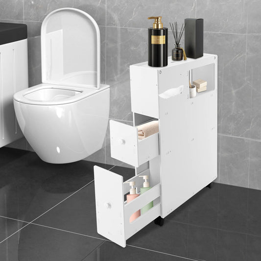 Modern Bathroom Storage Cabinet PVC Narrow Floor Storage Cabinet Floor Standing Storage Cabinet with Drawers Capacity 50kg White - Smoothy Home