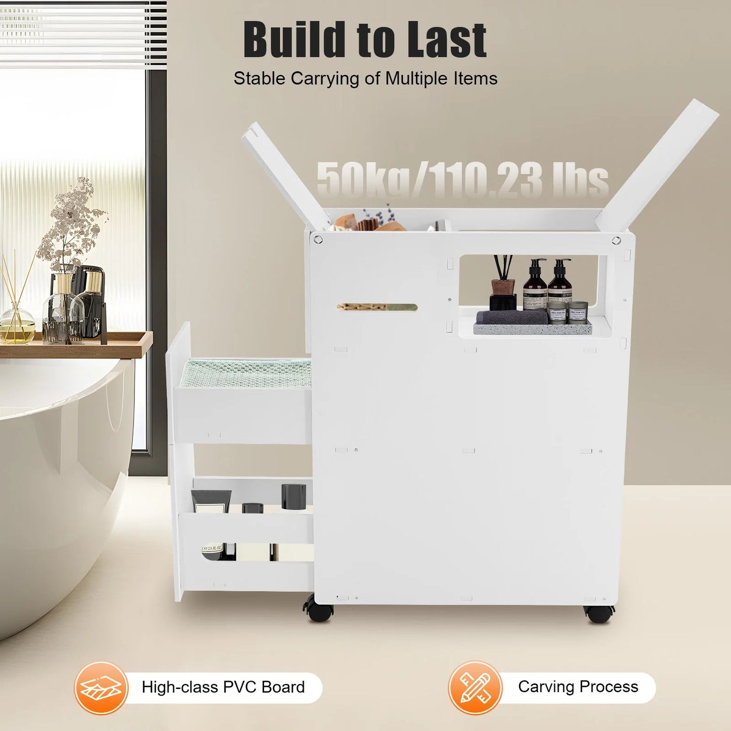 Modern Bathroom Storage Cabinet PVC Narrow Floor Storage Cabinet Floor Standing Storage Cabinet with Drawers Capacity 50kg White - Smoothy Home