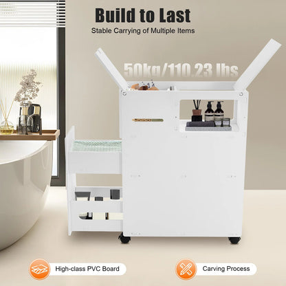 Modern Bathroom Storage Cabinet PVC Narrow Floor Storage Cabinet Floor Standing Storage Cabinet with Drawers Capacity 50kg White - Smoothy Home