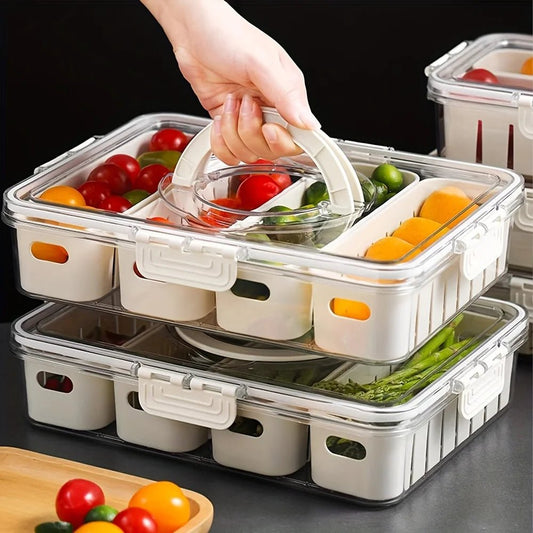 Modern plastic snack tray with lid and handles - Portable 2/4 compartment food storage box with window lid for travel - Smoothy Home