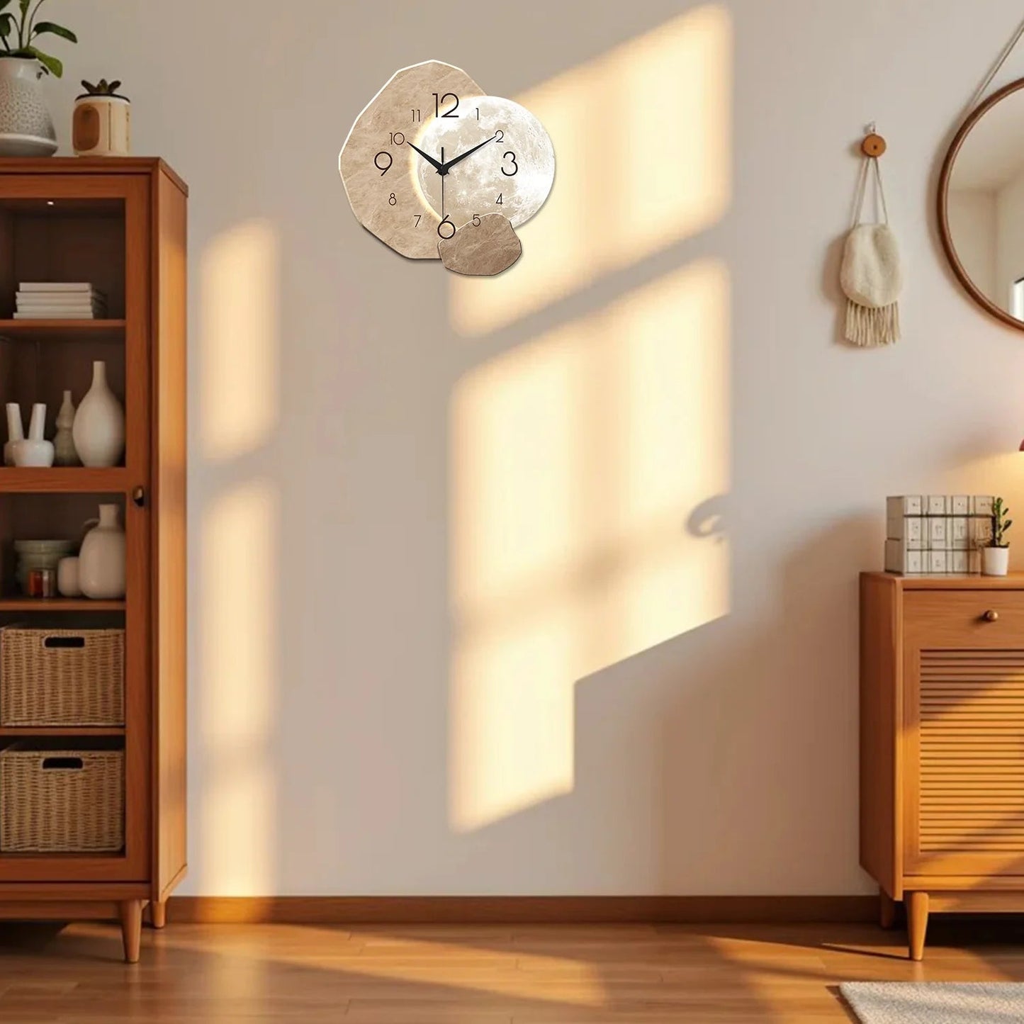 Modern Simple Silent Wall Clock, Moon Design - Quartz Movement, Wooden Material, for Bedroom, Living Room or Office Decoration - Smoothy Home