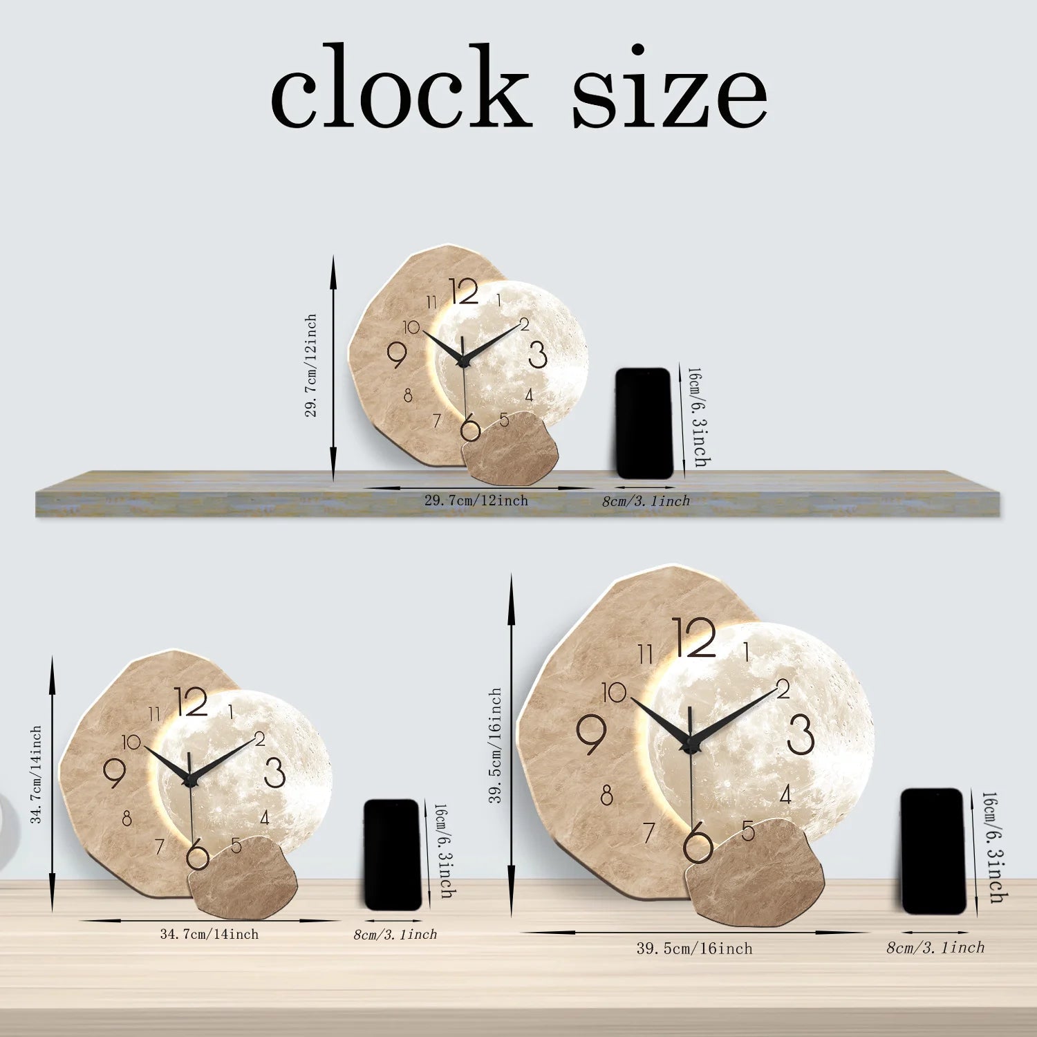 Modern Simple Silent Wall Clock, Moon Design - Quartz Movement, Wooden Material, for Bedroom, Living Room or Office Decoration - Smoothy Home