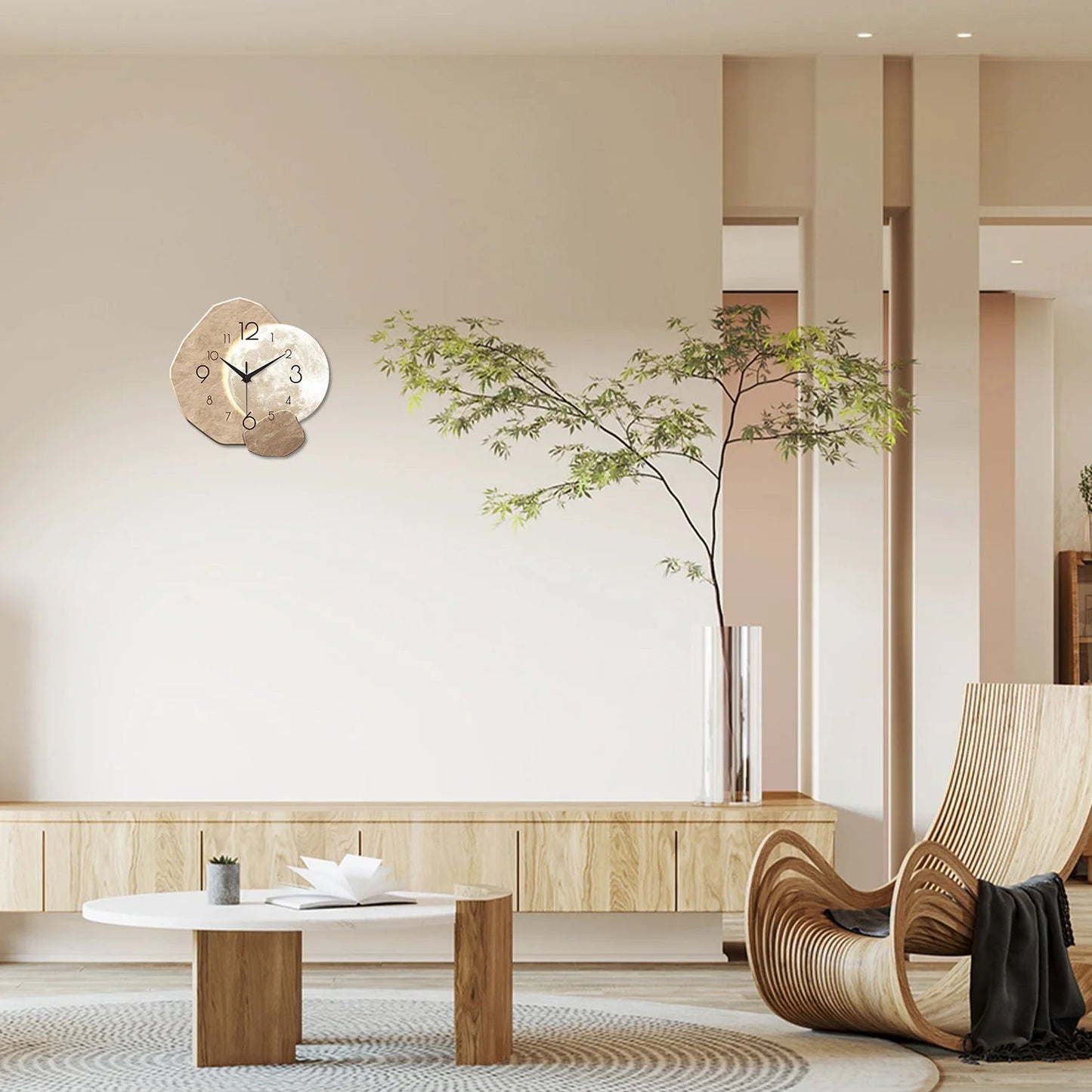 Modern Simple Silent Wall Clock, Moon Design - Quartz Movement, Wooden Material, for Bedroom, Living Room or Office Decoration - Smoothy Home