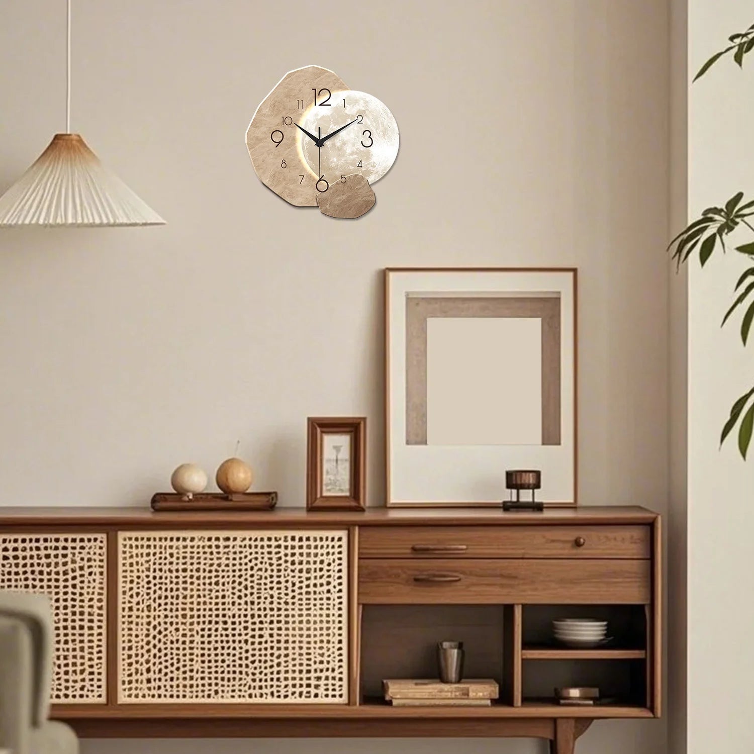 Modern Simple Silent Wall Clock, Moon Design - Quartz Movement, Wooden Material, for Bedroom, Living Room or Office Decoration - Smoothy Home