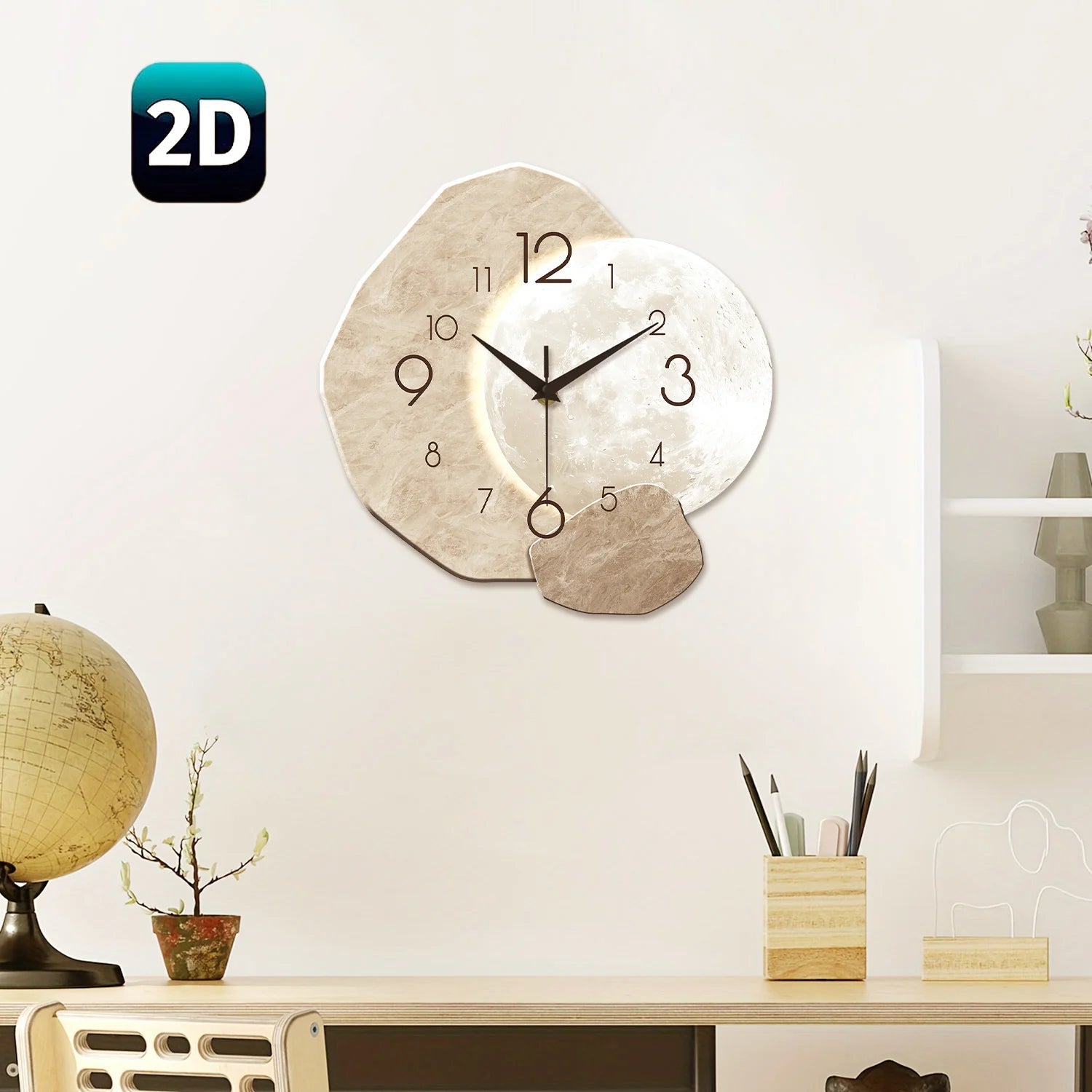 Modern Simple Silent Wall Clock, Moon Design - Quartz Movement, Wooden Material, for Bedroom, Living Room or Office Decoration - Smoothy Home