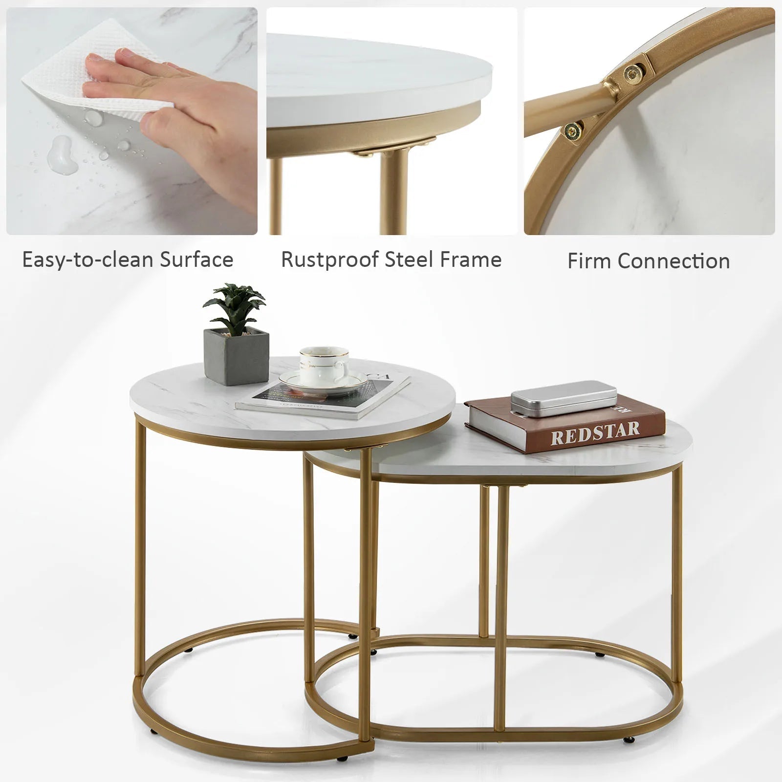 Nesting Coffee Table Modern Set of 2 Marble Coffee Side Table Set Living Room - Smoothy Home