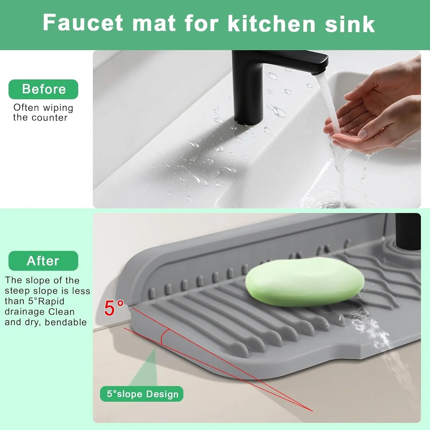 Non-slip Silicone Kitchen Drain Mat, Suitable for Modern Sink Dishwashing and Food Prep Trays. Durable, Easy to Clean, Splash-Pr - Smoothy Home