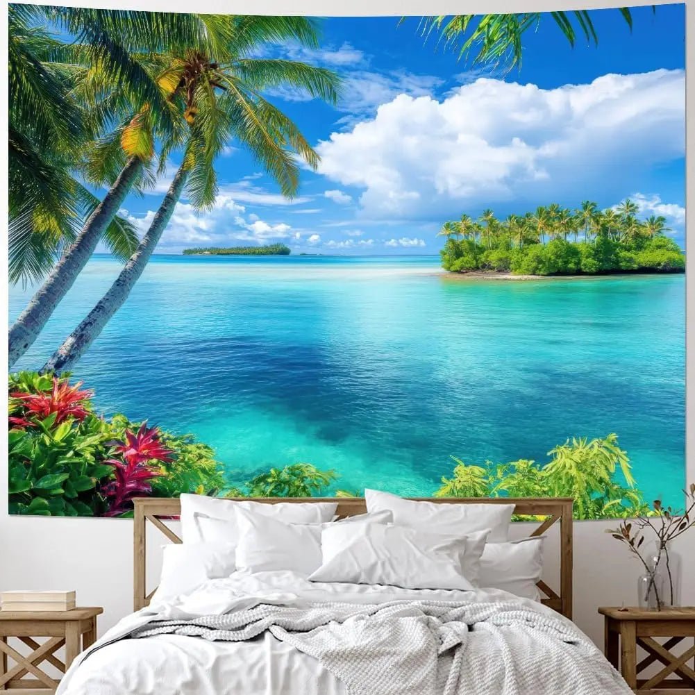 Ocean Beach Tapestry Blue Sea Tapestry Tropic Ocean Island Paradise Wall Tapestries Coconut Tree Palm Seaside Tapestries Wall - Smoothy Home