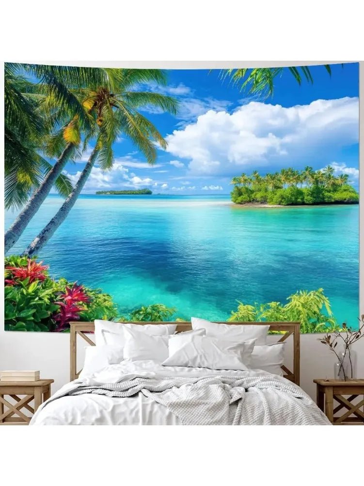 Ocean Beach Tapestry Blue Sea Tapestry Tropic Ocean Island Paradise Wall Tapestries Coconut Tree Palm Seaside Tapestries Wall - Smoothy Home