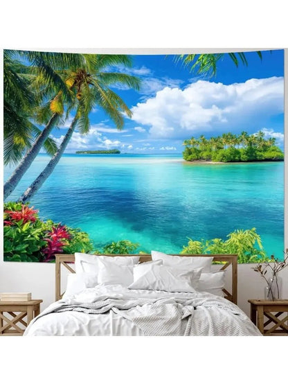 Ocean Beach Tapestry Blue Sea Tapestry Tropic Ocean Island Paradise Wall Tapestries Coconut Tree Palm Seaside Tapestries Wall - Smoothy Home