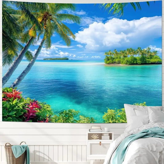 Ocean Beach Tapestry Blue Sea Tapestry Tropic Ocean Island Paradise Wall Tapestries Coconut Tree Palm Seaside Tapestries Wall - Smoothy Home