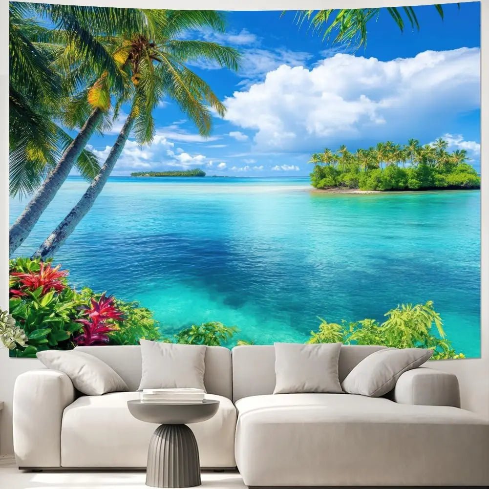 Ocean Beach Tapestry Blue Sea Tapestry Tropic Ocean Island Paradise Wall Tapestries Coconut Tree Palm Seaside Tapestries Wall - Smoothy Home