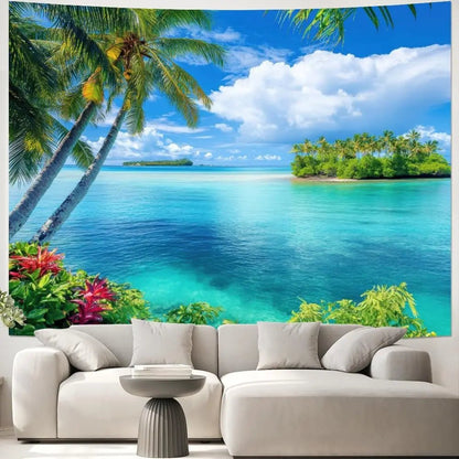 Ocean Beach Tapestry Blue Sea Tapestry Tropic Ocean Island Paradise Wall Tapestries Coconut Tree Palm Seaside Tapestries Wall - Smoothy Home