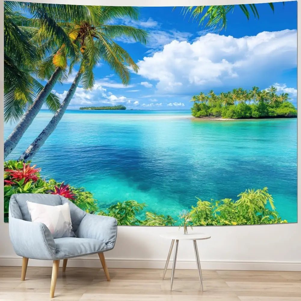 Ocean Beach Tapestry Blue Sea Tapestry Tropic Ocean Island Paradise Wall Tapestries Coconut Tree Palm Seaside Tapestries Wall - Smoothy Home