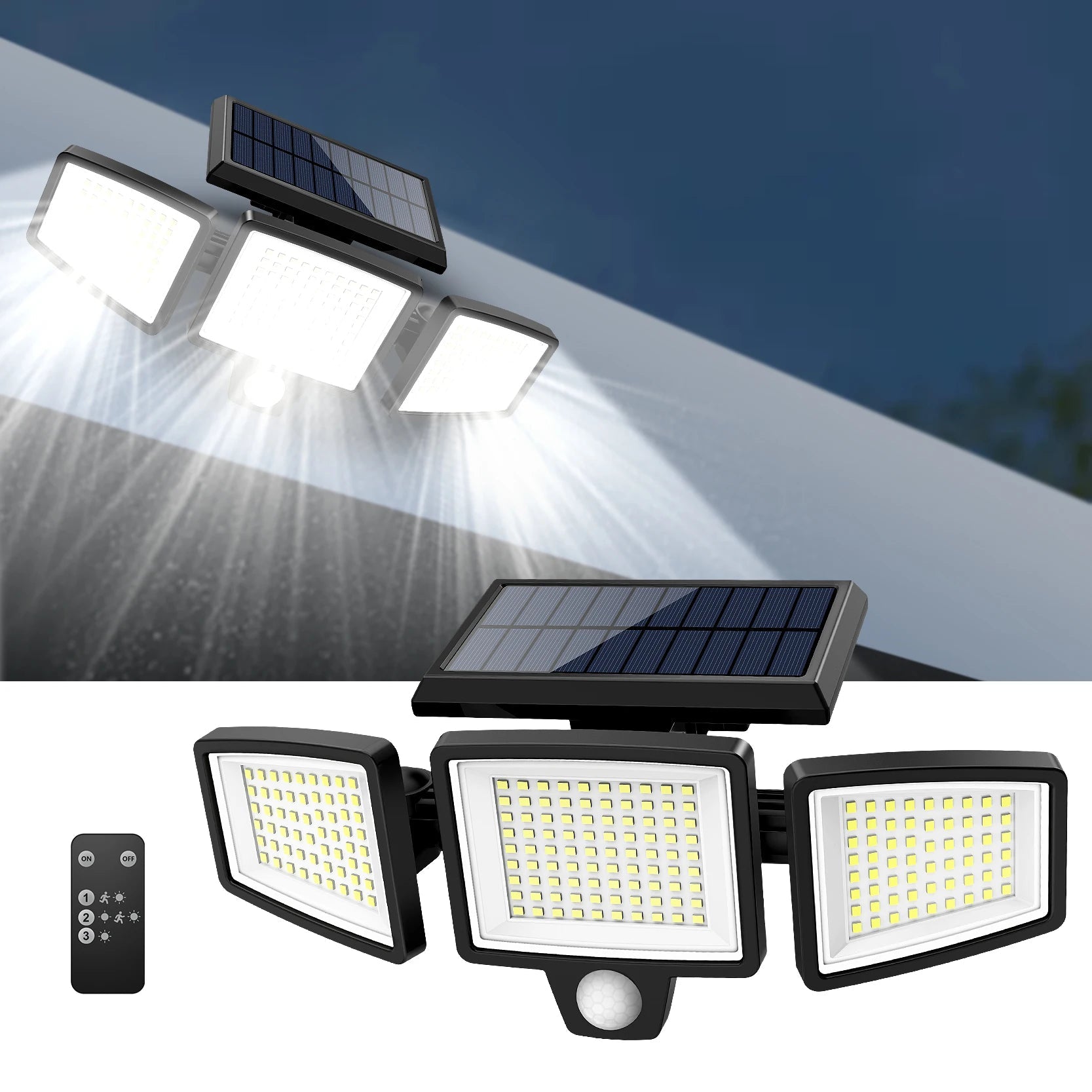 Outdoor Waterproof Solar Light with Motion Sensor 3-Head 200+ LEDs Security Light for Porches Garages Yard Entrances - Smoothy Home