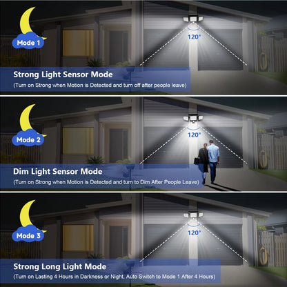 Outdoor Waterproof Solar Light with Motion Sensor 3-Head 200+ LEDs Security Light for Porches Garages Yard Entrances - Smoothy Home