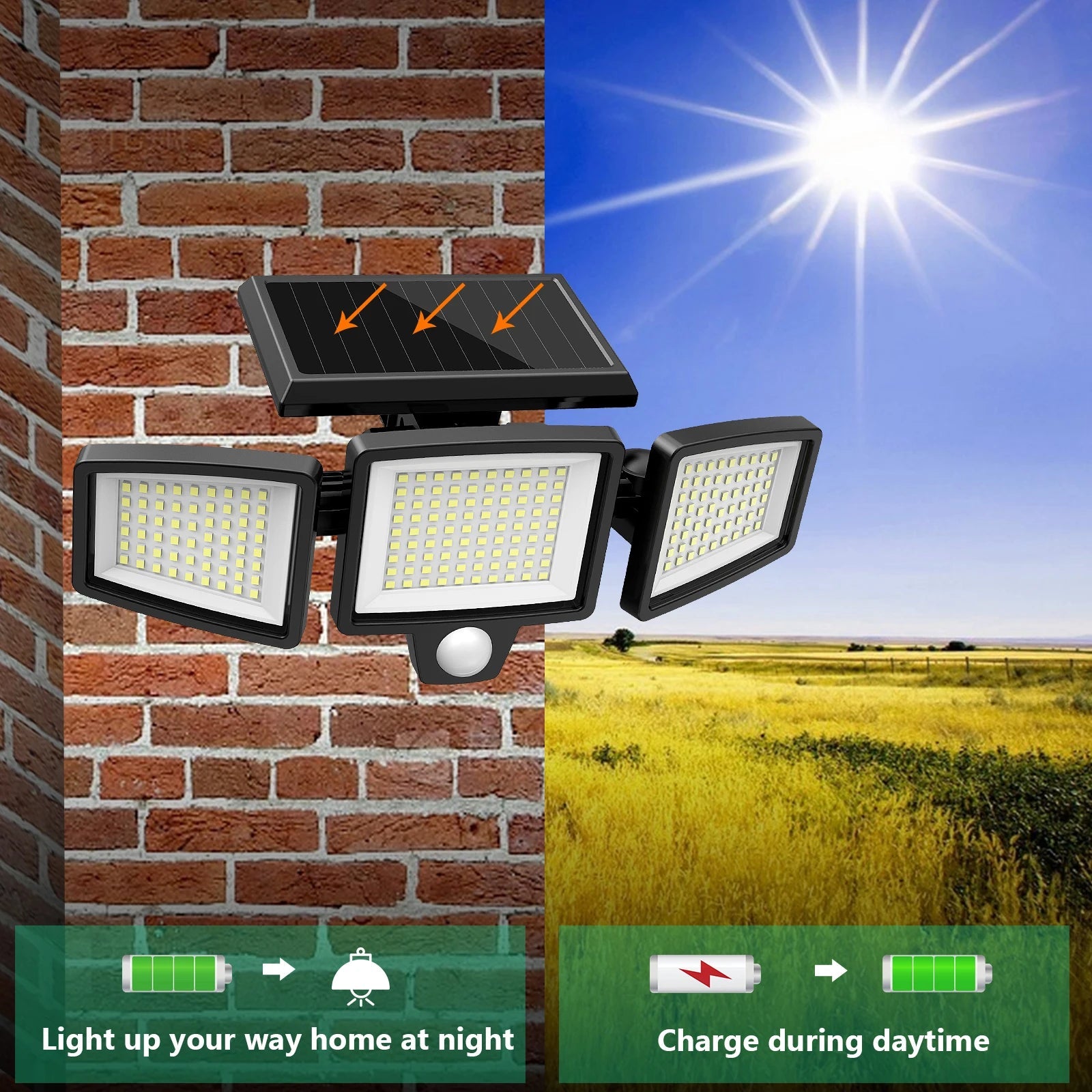 Outdoor Waterproof Solar Light with Motion Sensor 3-Head 200+ LEDs Security Light for Porches Garages Yard Entrances - Smoothy Home