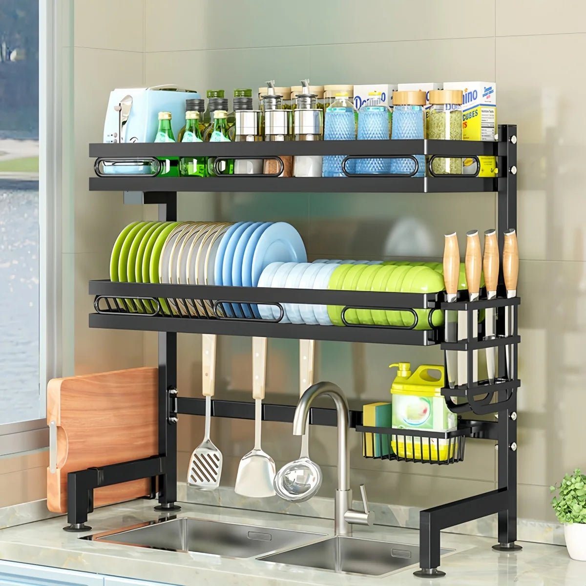 Over The Sink Kitchen Storage Organiser, Rustproof Dish Drying Rack with Utensil & Soap Holder, Dish Rack - Smoothy Home