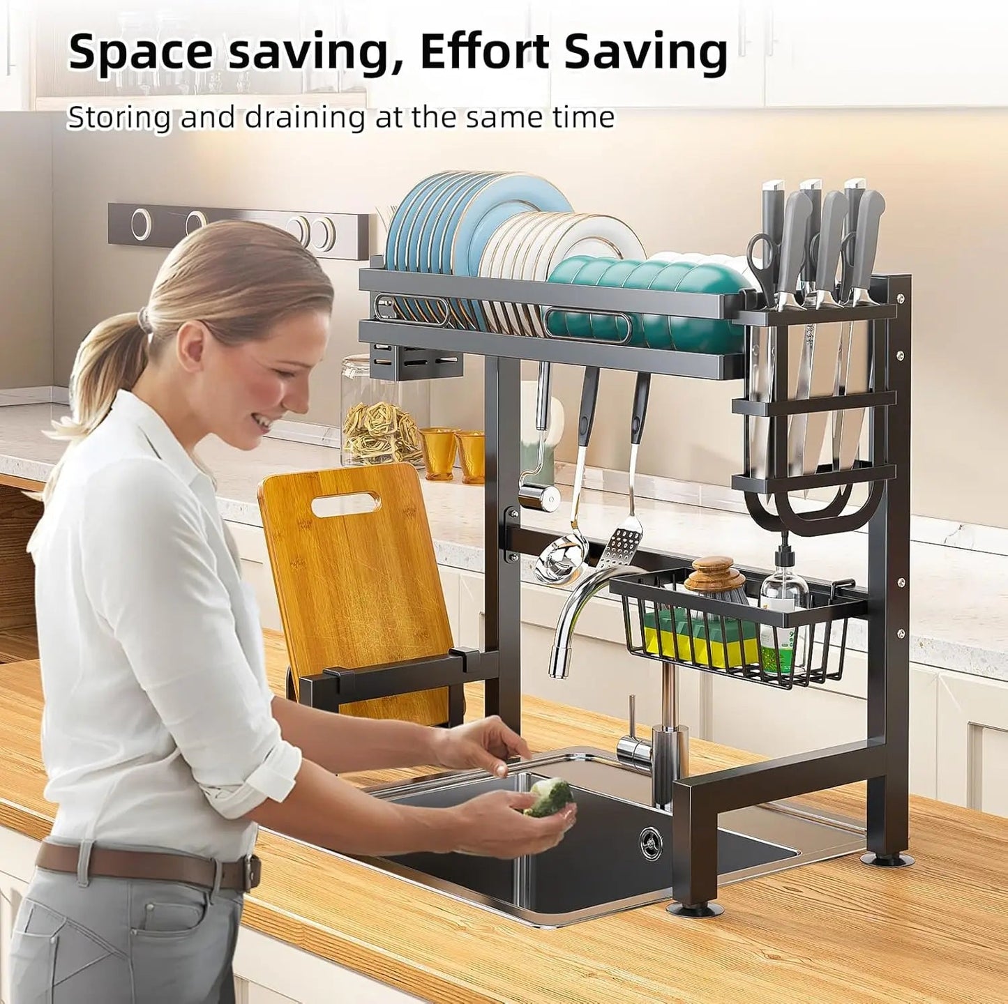 Over The Sink Kitchen Storage Organiser, Rustproof Dish Drying Rack with Utensil & Soap Holder, Dish Rack - Smoothy Home