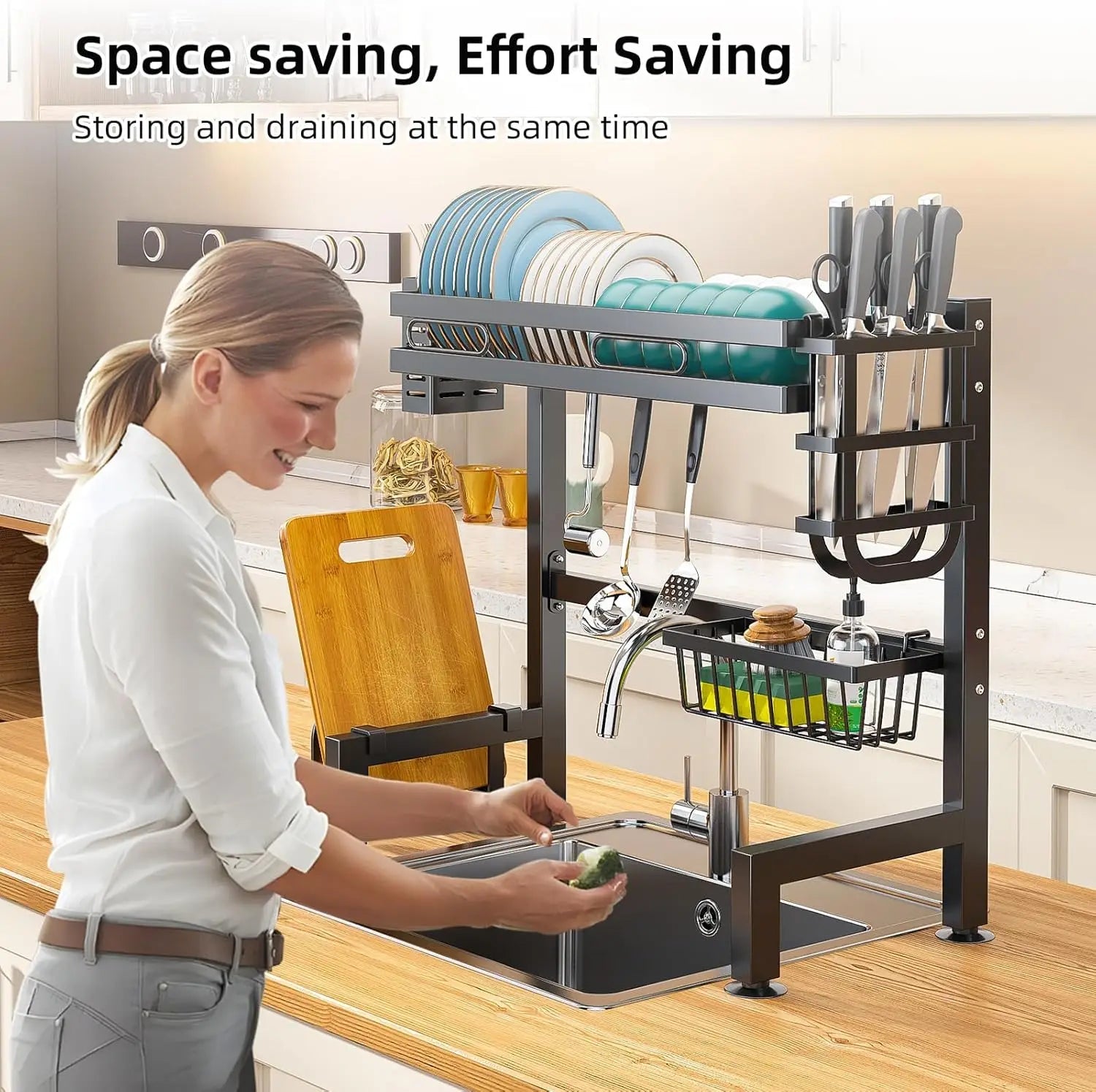 Over The Sink Kitchen Storage Organiser, Rustproof Dish Drying Rack with Utensil & Soap Holder, Dish Rack - Smoothy Home
