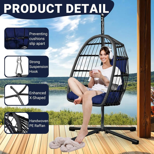 Rattan Wicker Hanging Swing Egg Chair with Stand Hammock Chair Thickened Aluminum for Porch Garden, Customized - Smoothy Home