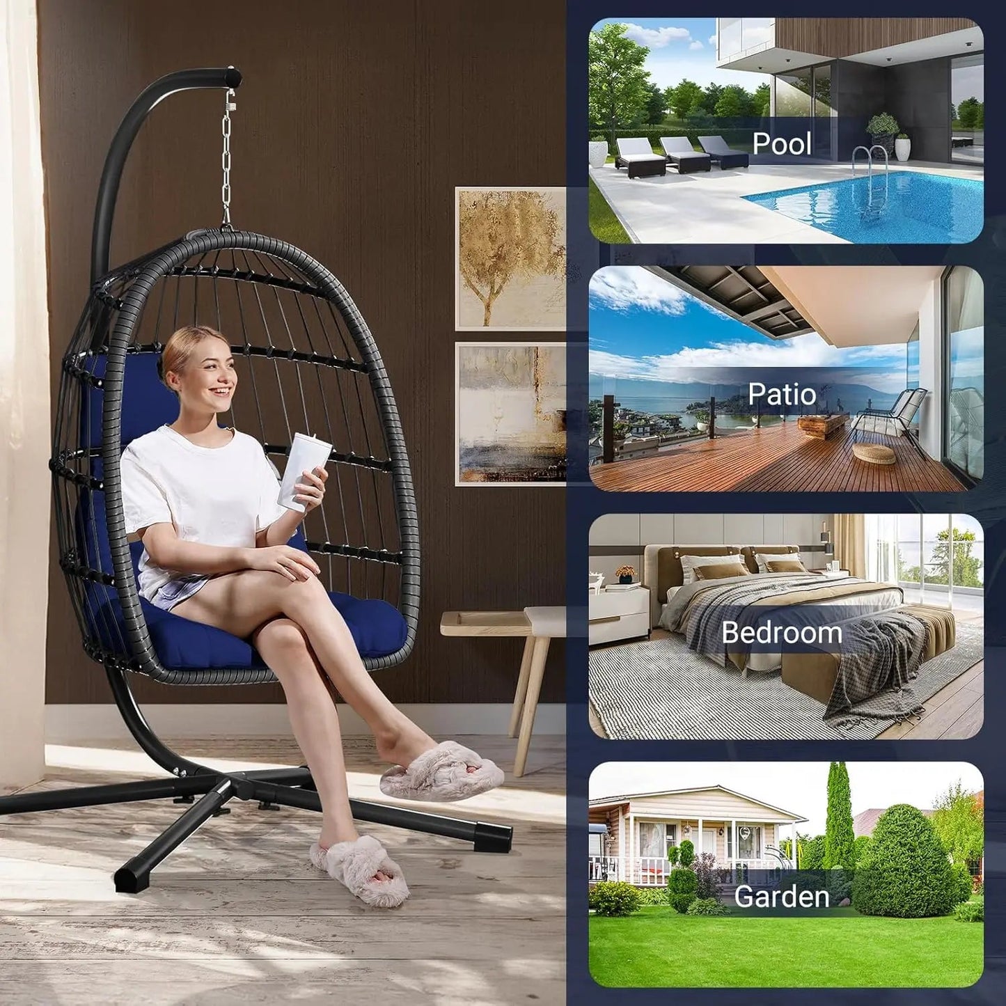 Rattan Wicker Hanging Swing Egg Chair with Stand Hammock Chair Thickened Aluminum for Porch Garden, Customized - Smoothy Home
