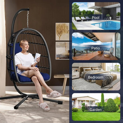 Rattan Wicker Hanging Swing Egg Chair with Stand Hammock Chair Thickened Aluminum for Porch Garden, Customized - Smoothy Home