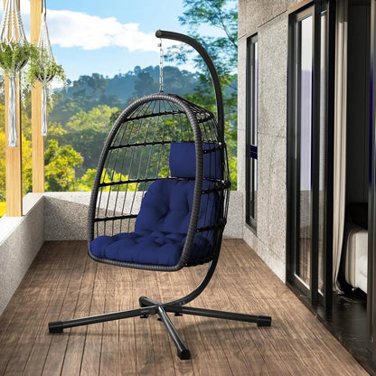 Rattan Wicker Hanging Swing Egg Chair with Stand Hammock Chair Thickened Aluminum for Porch Garden, Customized - Smoothy Home