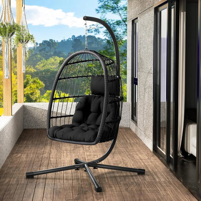 Rattan Wicker Hanging Swing Egg Chair with Stand Hammock Chair Thickened Aluminum for Porch Garden, Customized - Smoothy Home