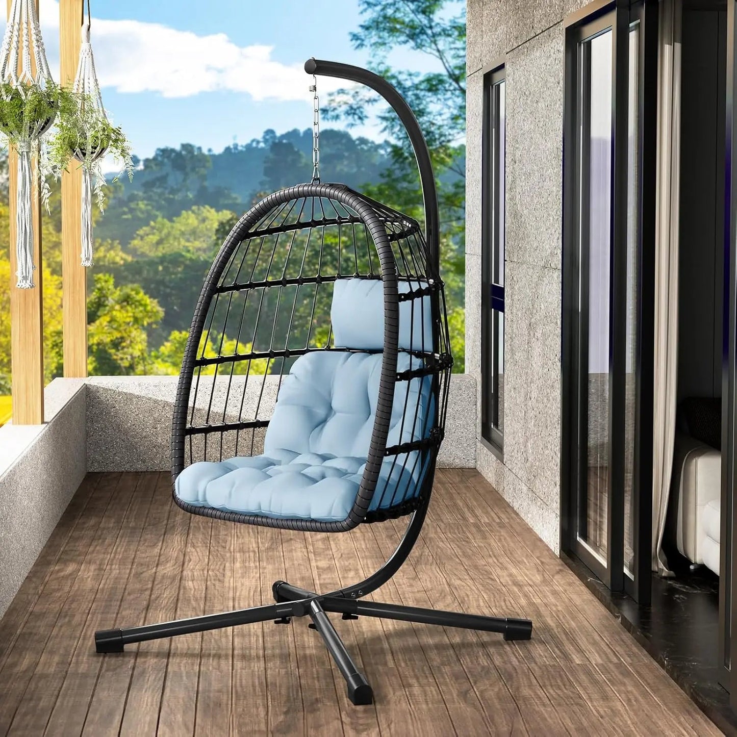 Rattan Wicker Hanging Swing Egg Chair with Stand Hammock Chair Thickened Aluminum for Porch Garden, Customized - Smoothy Home