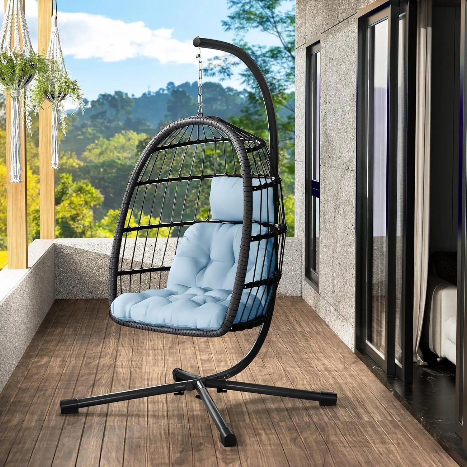 Rattan Wicker Hanging Swing Egg Chair with Stand Hammock Chair Thickened Aluminum for Porch Garden, Customized - Smoothy Home