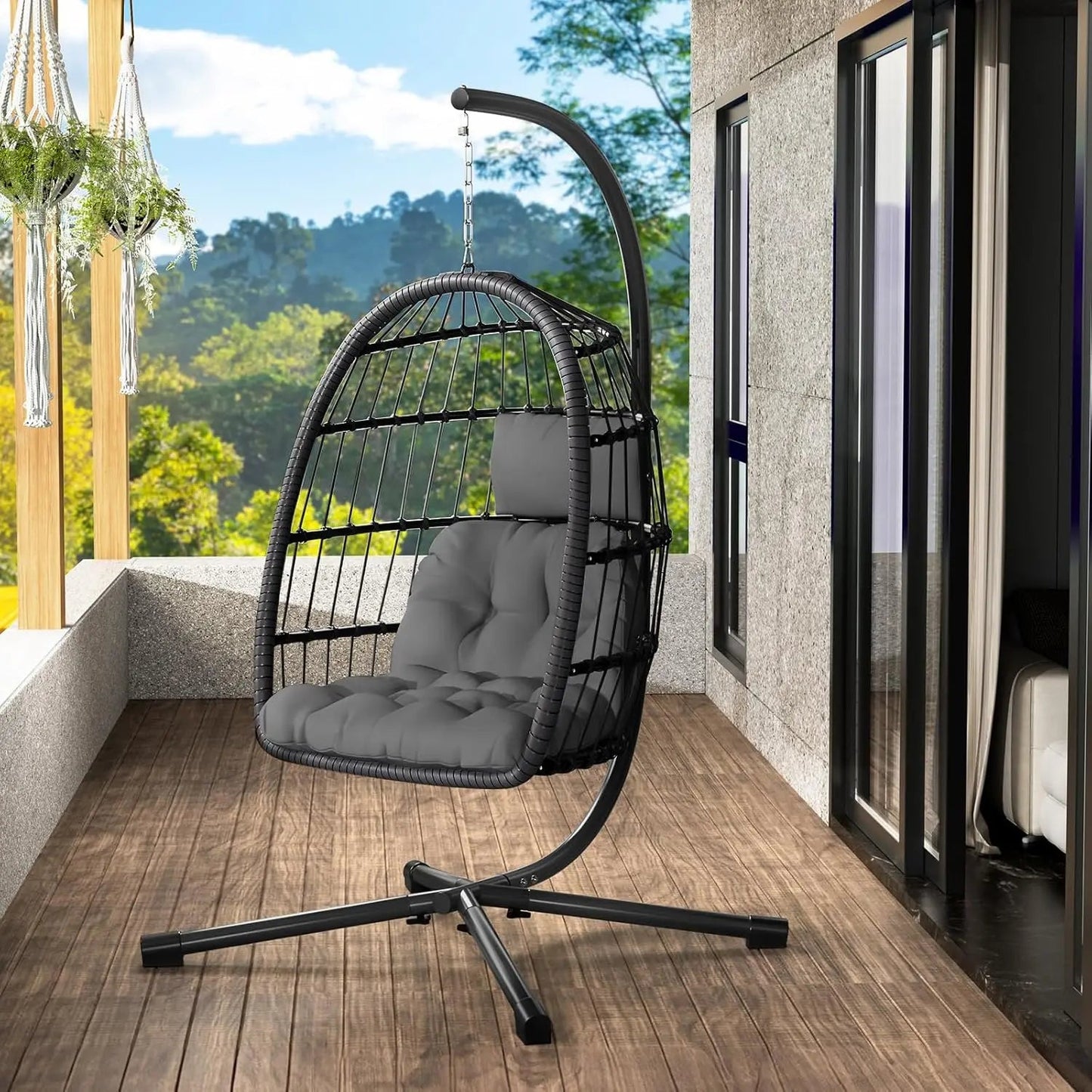 Rattan Wicker Hanging Swing Egg Chair with Stand Hammock Chair Thickened Aluminum for Porch Garden, Customized - Smoothy Home