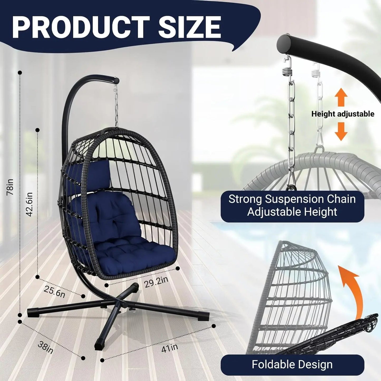 Rattan Wicker Hanging Swing Egg Chair with Stand Hammock Chair Thickened Aluminum for Porch Garden, Customized - Smoothy Home