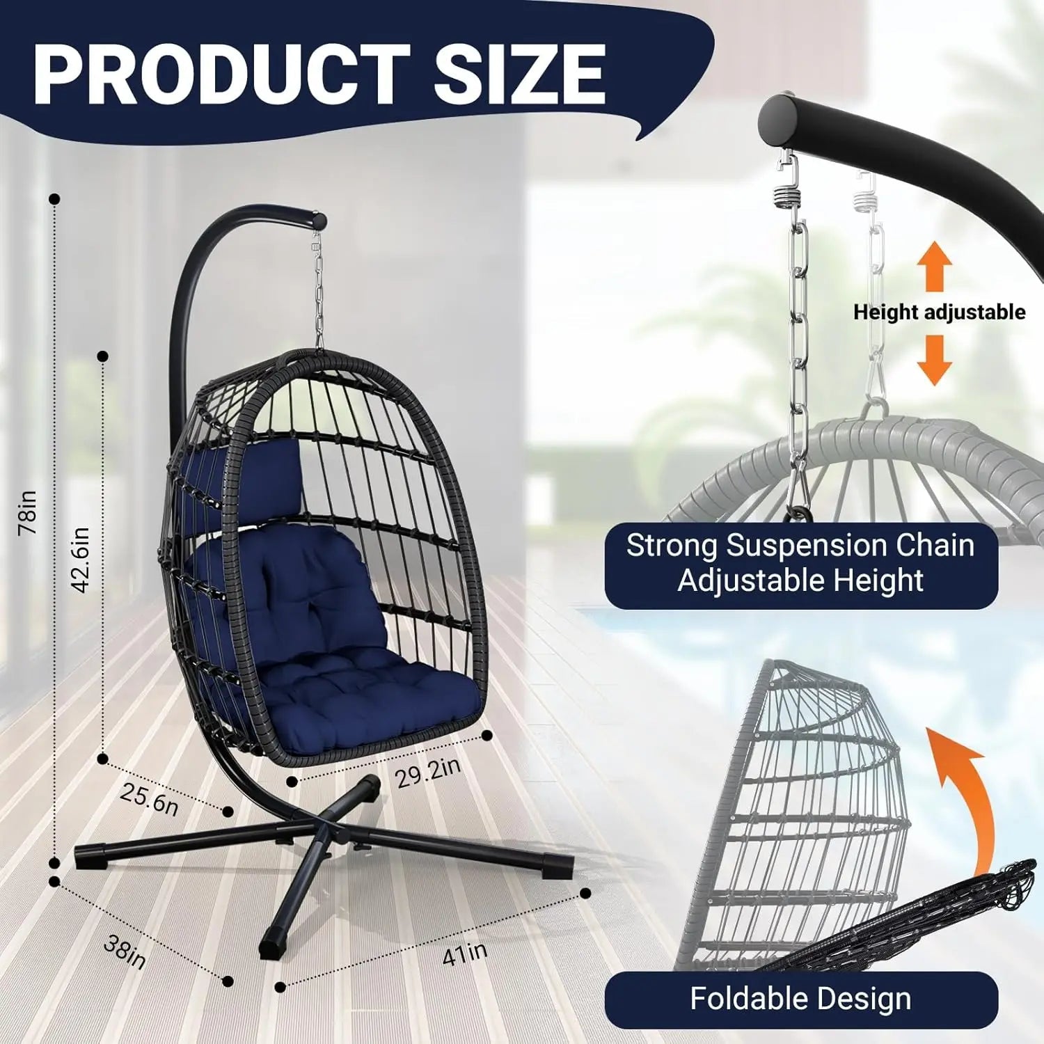 Rattan Wicker Hanging Swing Egg Chair with Stand Hammock Chair Thickened Aluminum for Porch Garden, Customized - Smoothy Home
