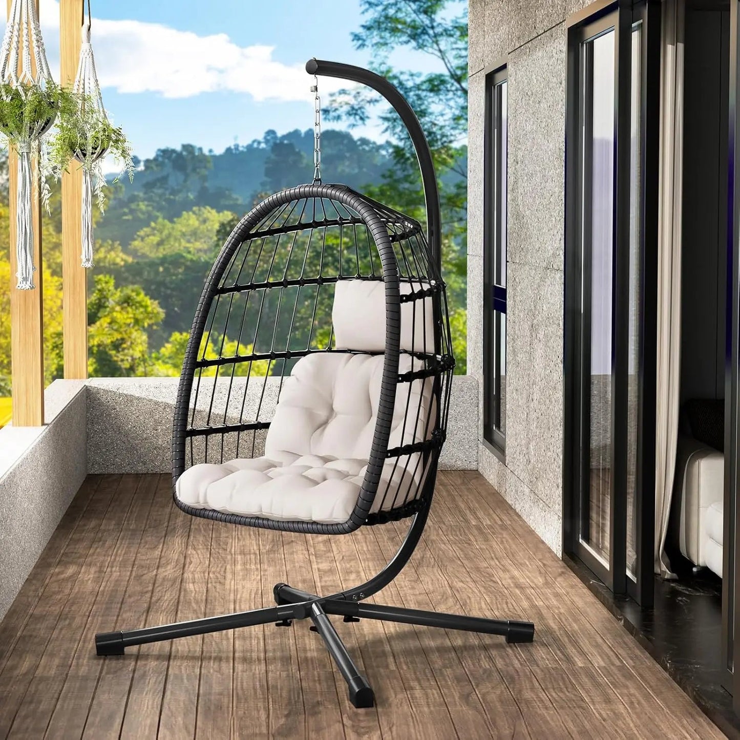 Rattan Wicker Hanging Swing Egg Chair with Stand Hammock Chair Thickened Aluminum for Porch Garden, Customized - Smoothy Home