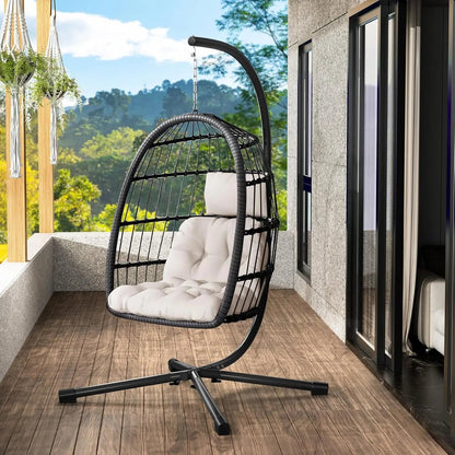 Rattan Wicker Hanging Swing Egg Chair with Stand Hammock Chair Thickened Aluminum for Porch Garden, Customized - Smoothy Home