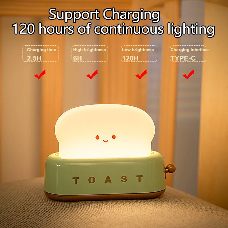 Rechargeable Cute Toaster Night Light - Toast Shape Bedside Lamp with Smile Face,Dimmable Desk Decor,Bedroom,Living Room,Gift - Smoothy Home