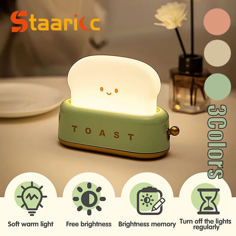 Rechargeable Cute Toaster Night Light - Toast Shape Bedside Lamp with Smile Face,Dimmable Desk Decor,Bedroom,Living Room,Gift - Smoothy Home