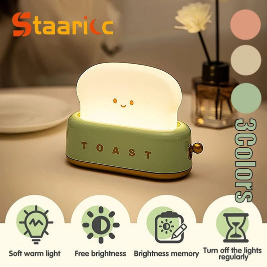 Rechargeable Cute Toaster Night Light - Toast Shape Bedside Lamp with Smile Face,Dimmable Desk Decor,Bedroom,Living Room,Gift - Smoothy Home