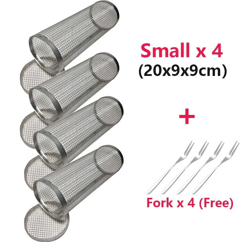 Rolling Grilling BBQ Basket Stainless Steel Leak proof Mesh Barbecue Rack Outdoor Picnic Camping Simple Cylindrical BBQ Grill - Smoothy Home
