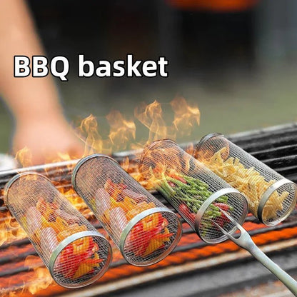 Rolling Grilling BBQ Basket Stainless Steel Leak proof Mesh Barbecue Rack Outdoor Picnic Camping Simple Cylindrical BBQ Grill - Smoothy Home