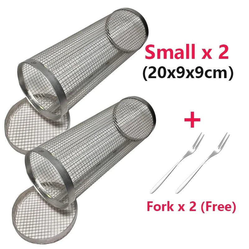 Rolling Grilling BBQ Basket Stainless Steel Leak proof Mesh Barbecue Rack Outdoor Picnic Camping Simple Cylindrical BBQ Grill - Smoothy Home