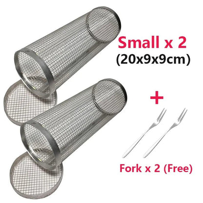 Rolling Grilling BBQ Basket Stainless Steel Leak proof Mesh Barbecue Rack Outdoor Picnic Camping Simple Cylindrical BBQ Grill - Smoothy Home