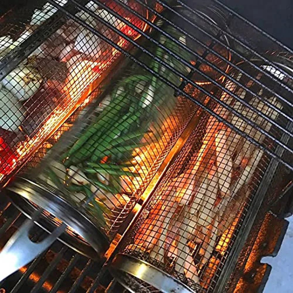 Rolling Grilling BBQ Basket Stainless Steel Leak proof Mesh Barbecue Rack Outdoor Picnic Camping Simple Cylindrical BBQ Grill - Smoothy Home