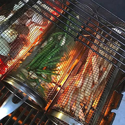 Rolling Grilling BBQ Basket Stainless Steel Leak proof Mesh Barbecue Rack Outdoor Picnic Camping Simple Cylindrical BBQ Grill - Smoothy Home