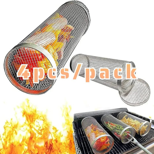 Rolling Grilling BBQ Basket Stainless Steel Leak proof Mesh Barbecue Rack Outdoor Picnic Camping Simple Cylindrical BBQ Grill - Smoothy Home