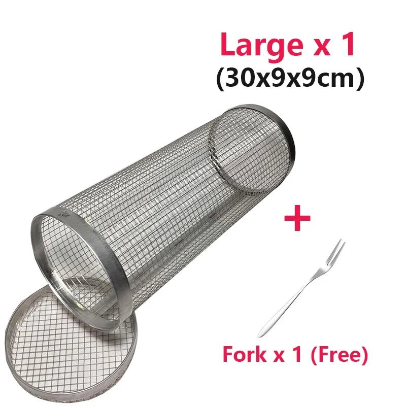 Rolling Grilling BBQ Basket Stainless Steel Leak proof Mesh Barbecue Rack Outdoor Picnic Camping Simple Cylindrical BBQ Grill - Smoothy Home